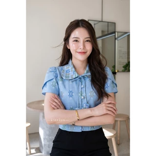เสื้อผ้าฝ้ายคอบัวแต่งแขนกลีบบัวพิมพ์ลายไทย