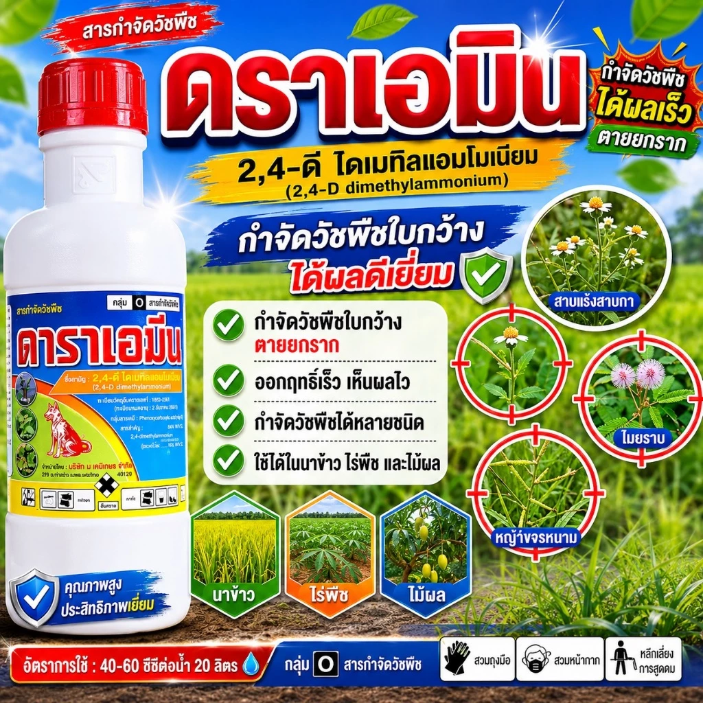 ดาราเอมีน หมาแดงน้ำ 2-4ดึ ฆ่าหญ้าใบกว้าง เช่นผักปอดนา ผักบุ้ง กก หนวดปลาดุก แห้วหมู