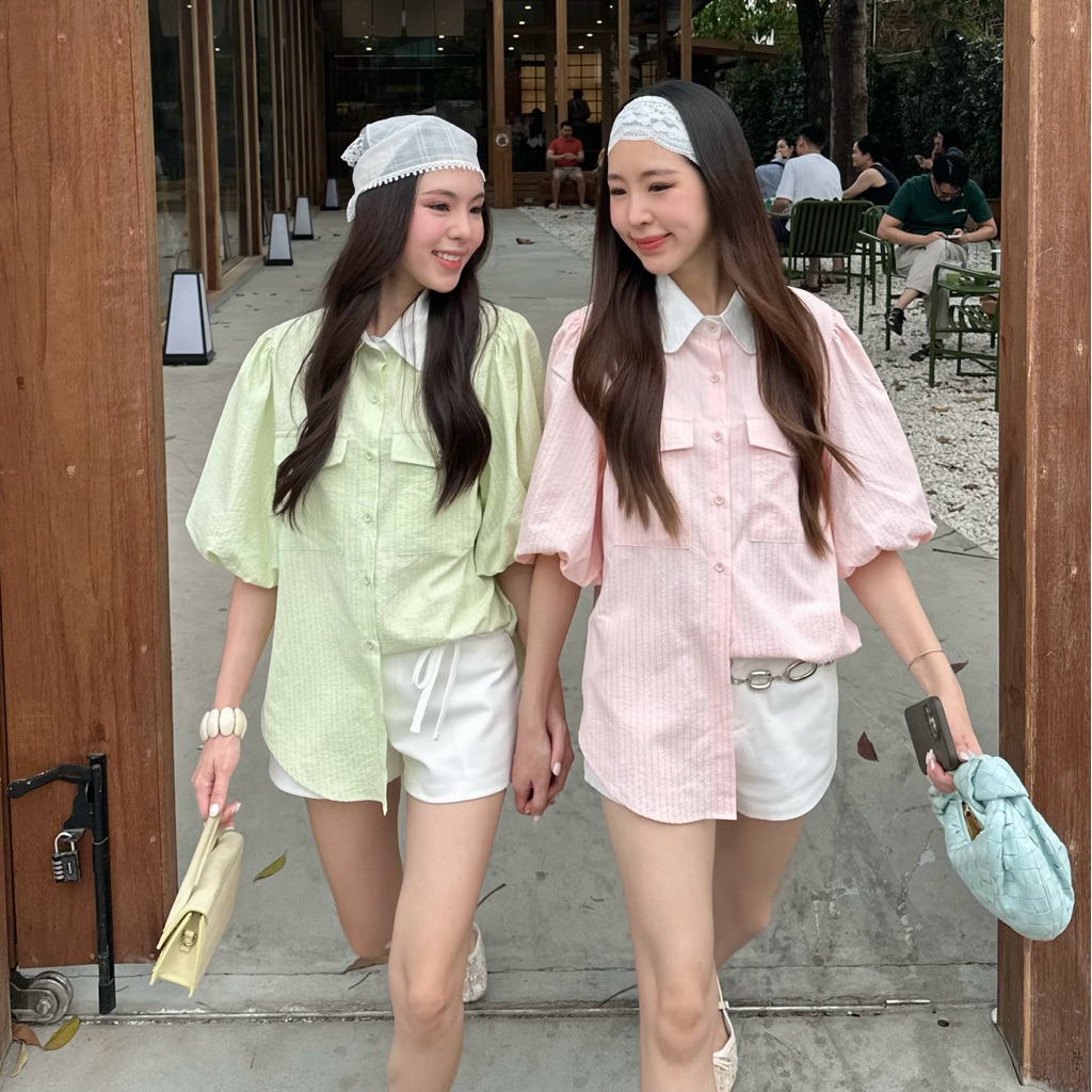 FLASHMARBLE JELLY BLOUSE เสื้อเชิ้ต แขนบอลลูน ผ้าทอลายทาง ไม่ต้องรีด