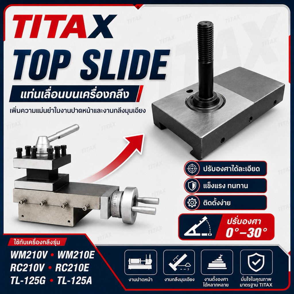 TITAX Top Slide แท่นเลื่อนบนเครื่องกลึง ปรับองศา 0°–30° สำหรับ WM210V / WM210E / RC210V / RC210E / T