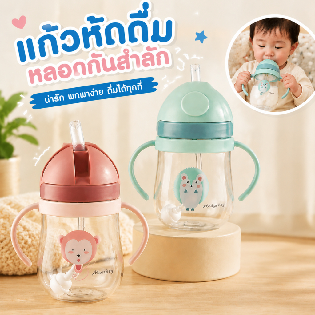 แก้วหัดดื่ม ขวดน้ำเด็ก หัดดูดน้ำ ไม่ดูดไม่ไหล กันสำลัก คว่ำไม่หก ขนาด 250mlมีมือจับ