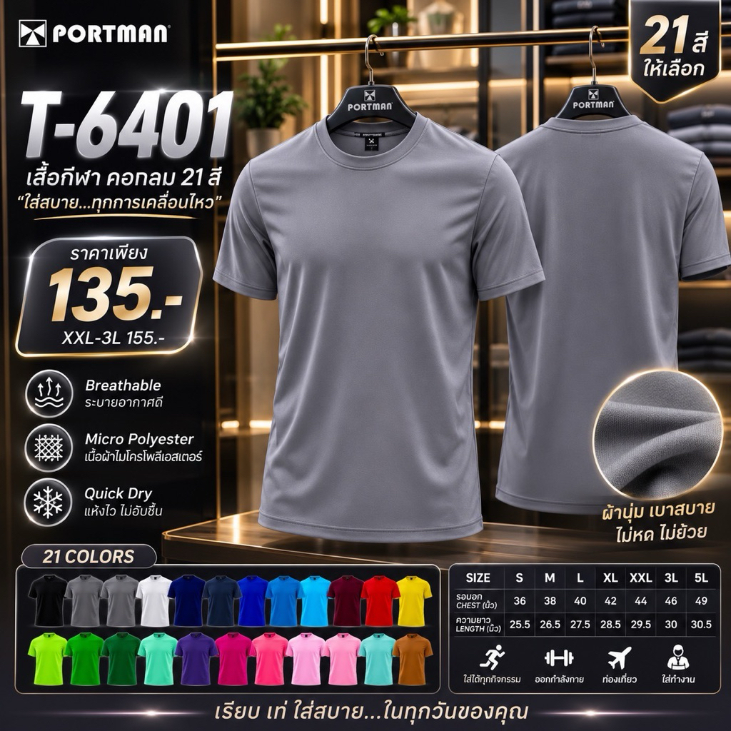 เสื้อคอกลม เสื้อกีฬาPM6401 ของแท้ พร้อมส่ง
