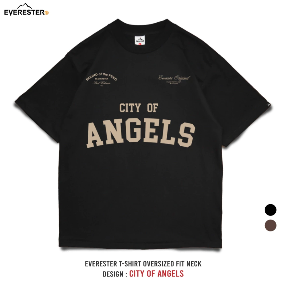 EVERESTER เสื้อยืด Oversized คอฟิต Heavy Cotton เสื้อผู้ชาย City Og Angels ดำ เสื้อผ้าผู้ชาย EXP