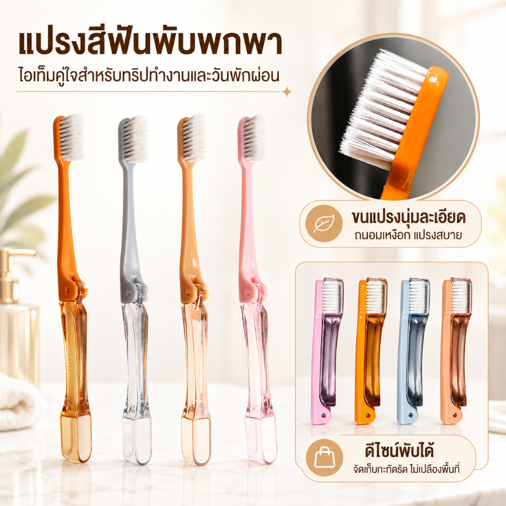 แปรงสีฟันพับได้พกพา สำหรับเดินทางท่องเที่ยว ขนแปรงนุ่ม วัสดุโปร่งใส หลายสี พกใส่กระเป๋าไม่เปลืองพื้นที่ COD