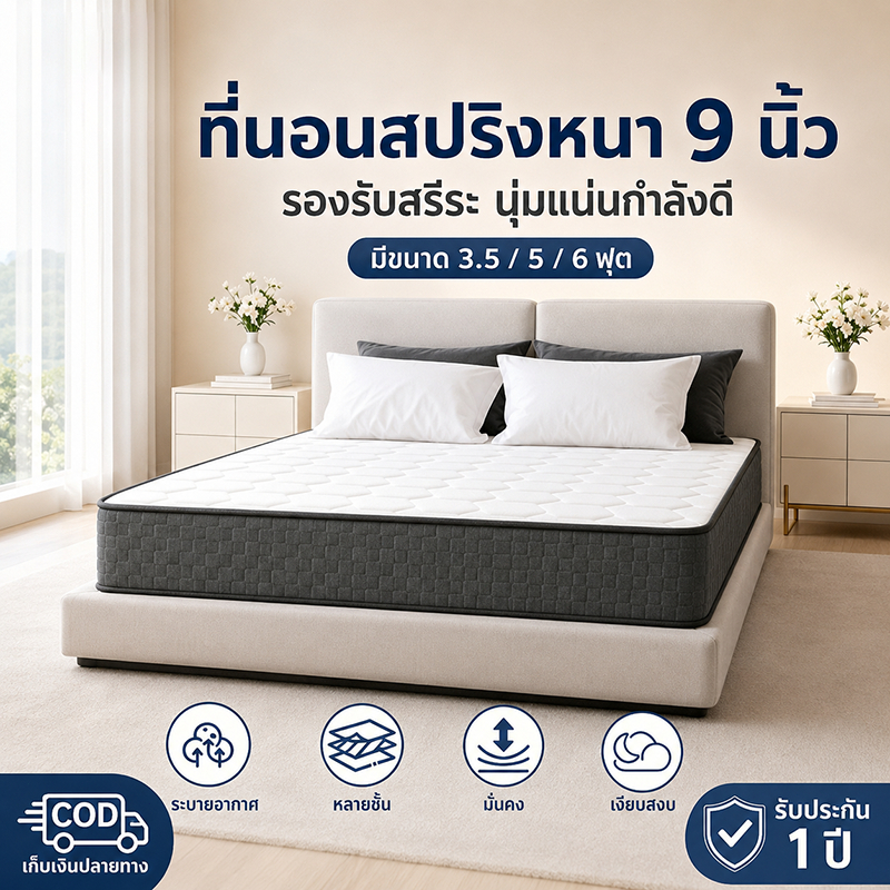 ที่นอนสปริงเสริมยางพารา หนา 9 นิ้ว นุ่มแน่น รองรับสรีระ ลดแรงกดทับ ขนาด 3.5 ฟุต 5 ฟุต 6 ฟุต พร้อมส่งจากไทย SNZESKE