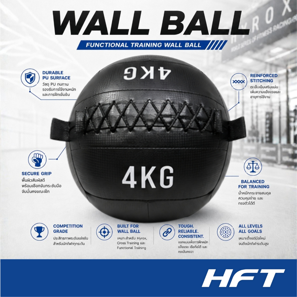 HFT Wallball 3-15kg วอลบอล ลูกบอลถ่วงน้ำหนัก ลูกบอล ฝึกกล้ามเนื้อ สำหรับฝึก Hyrox - Homefittools