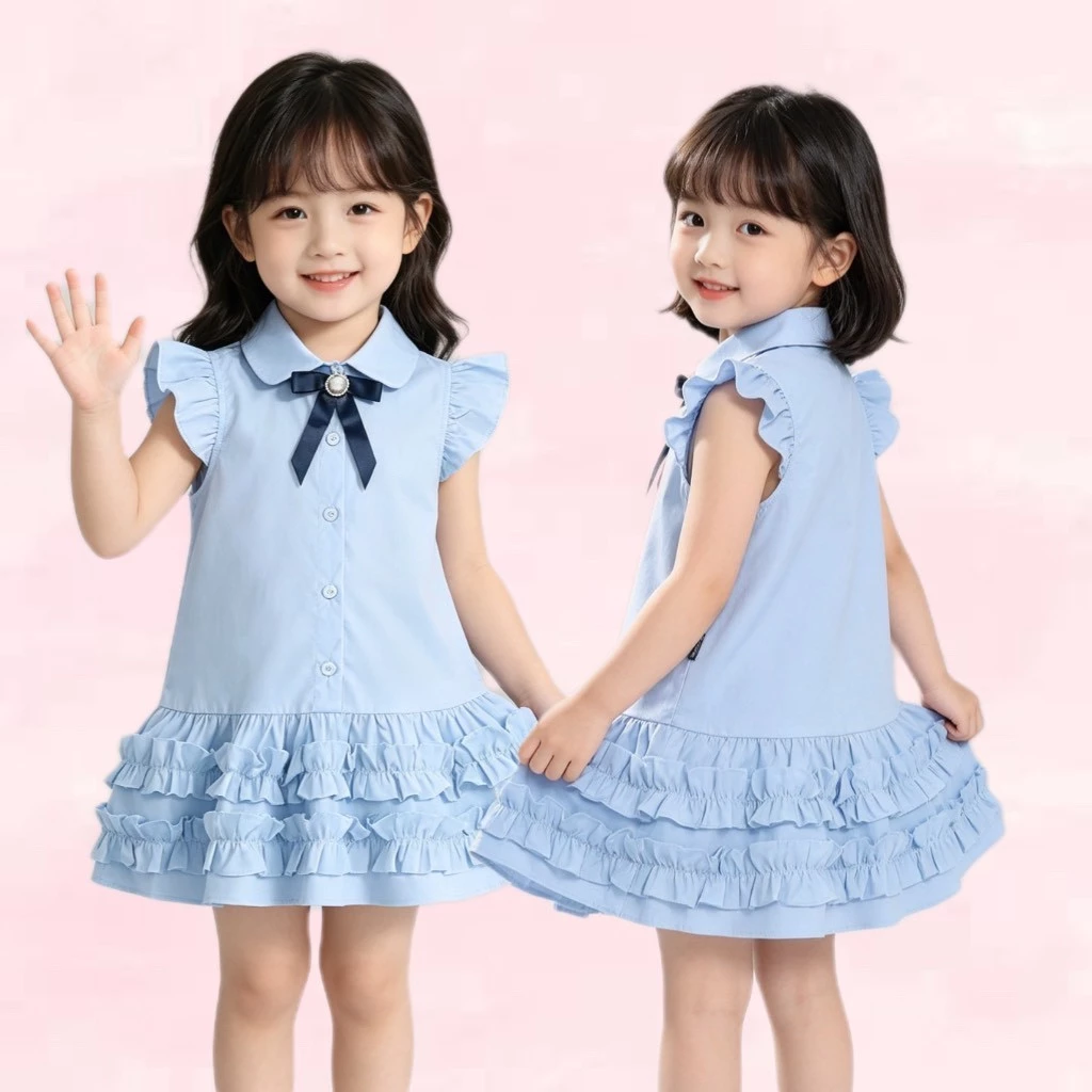 BB361 เดรสเด็กผู้หญิงสีฟ้า คอปกปีกระบายประดับโบว์ดำ ชั้นล่างลูกไม้หลายชั้น ผ้านุ่มเบา ของขวัญวันแม่ สำหรับเด็ก 1-10 ปี