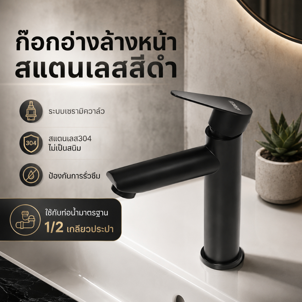 ก๊อกอ่างล้างหน้าสเเตนเลสสีดำ Premium Stainless Steel 304 ทนการสึกหรอ ไม่เป็นสนิม FXS-810BK