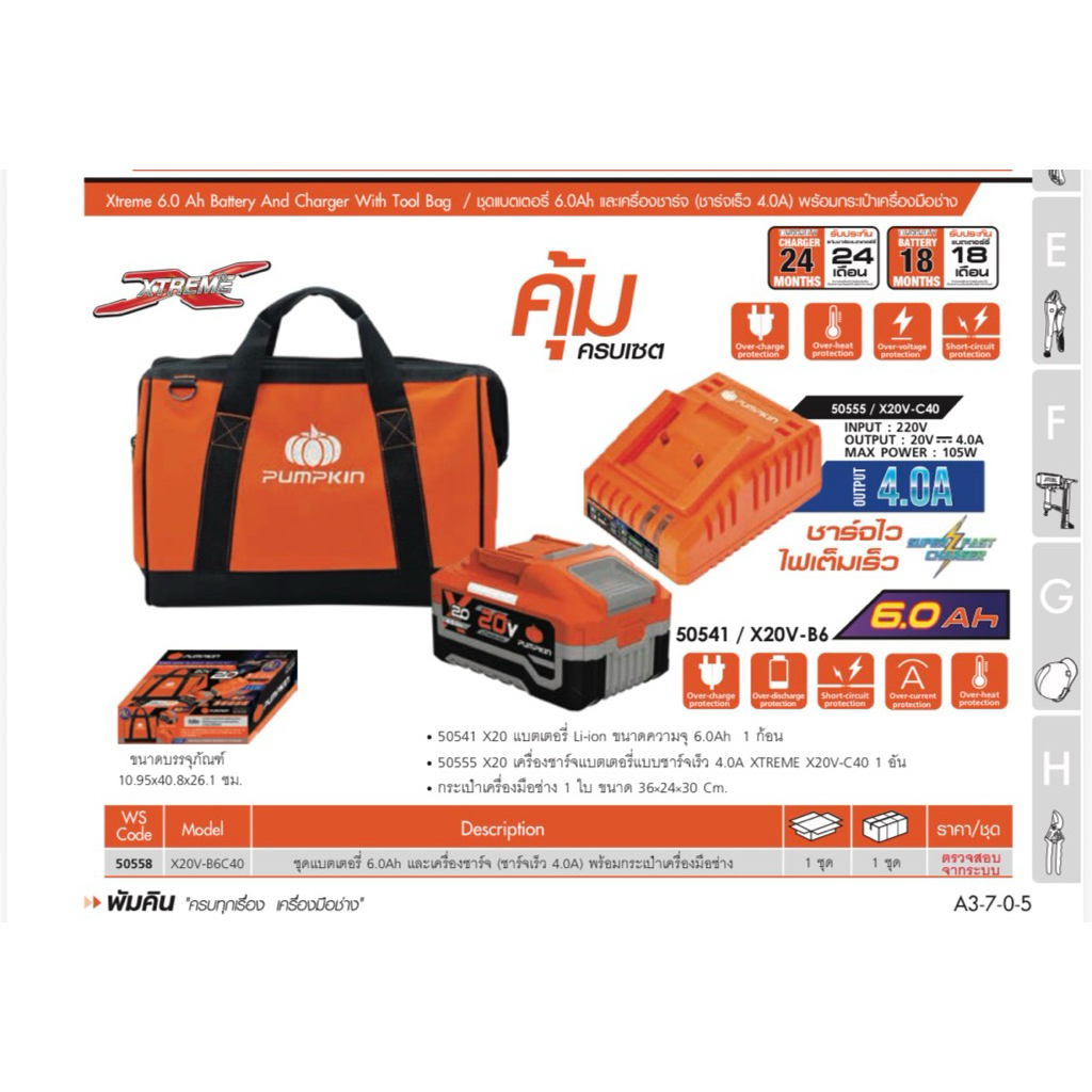 50557 pumpkin กระเป๋าพร้อม แบตเตอรี่ 4Ahพร้อมแท่นชาร์จ