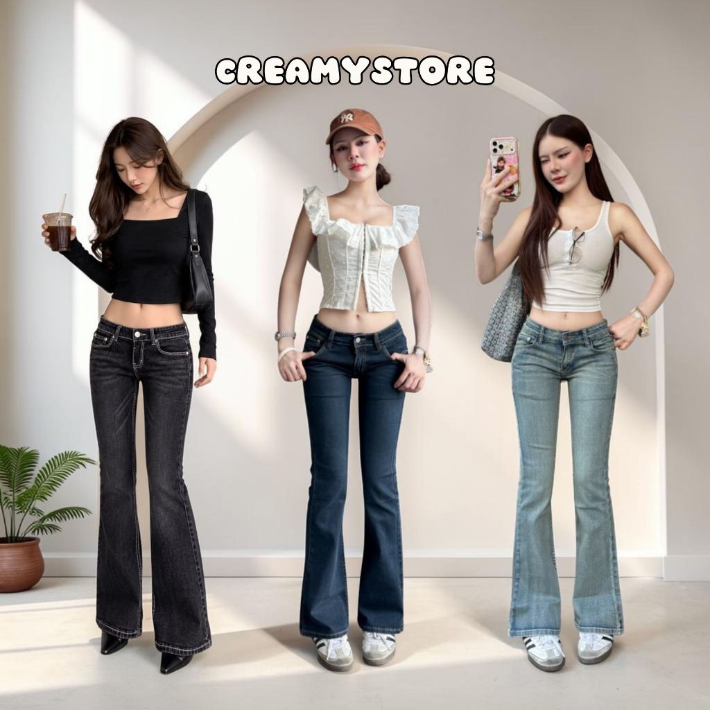 CreamyStore กางเกงยีนส์ขาม้าเอวต่ำ ผ้ายืด Bootcut ป้ายYam