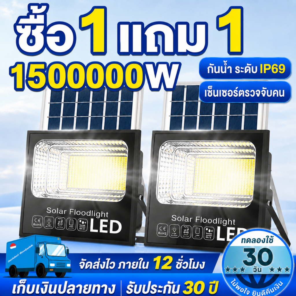 ⚡【ซูเปอร์ดีล!】⚡ไฟโซล่าเซลล์ ซื้อ 1 แถม 1 ไฟถนน โซล่าเซลล์ 120000w Solar Light กันน้ำ กันฟ้าผ่า แสงสีขาว พร้อมรีโมท สายไฟ