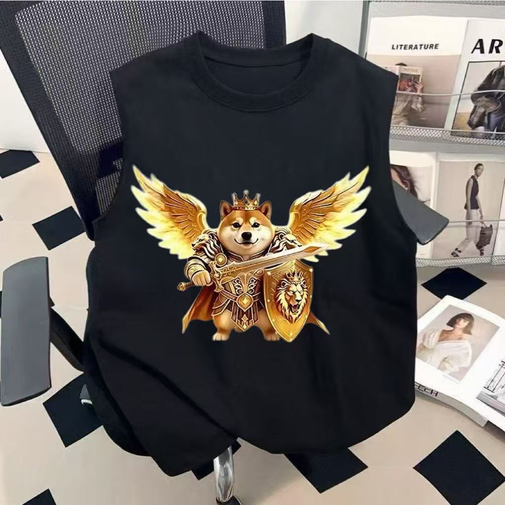 เสื้อกั๊กดาบและโล่พร้อมข้อความตลกๆ เสื้อยืดแขนกุดลำลองลายสุนัขถือดาบและโล่แบบนามธรรม สำหรับเด็กชายและเด็กหญิง