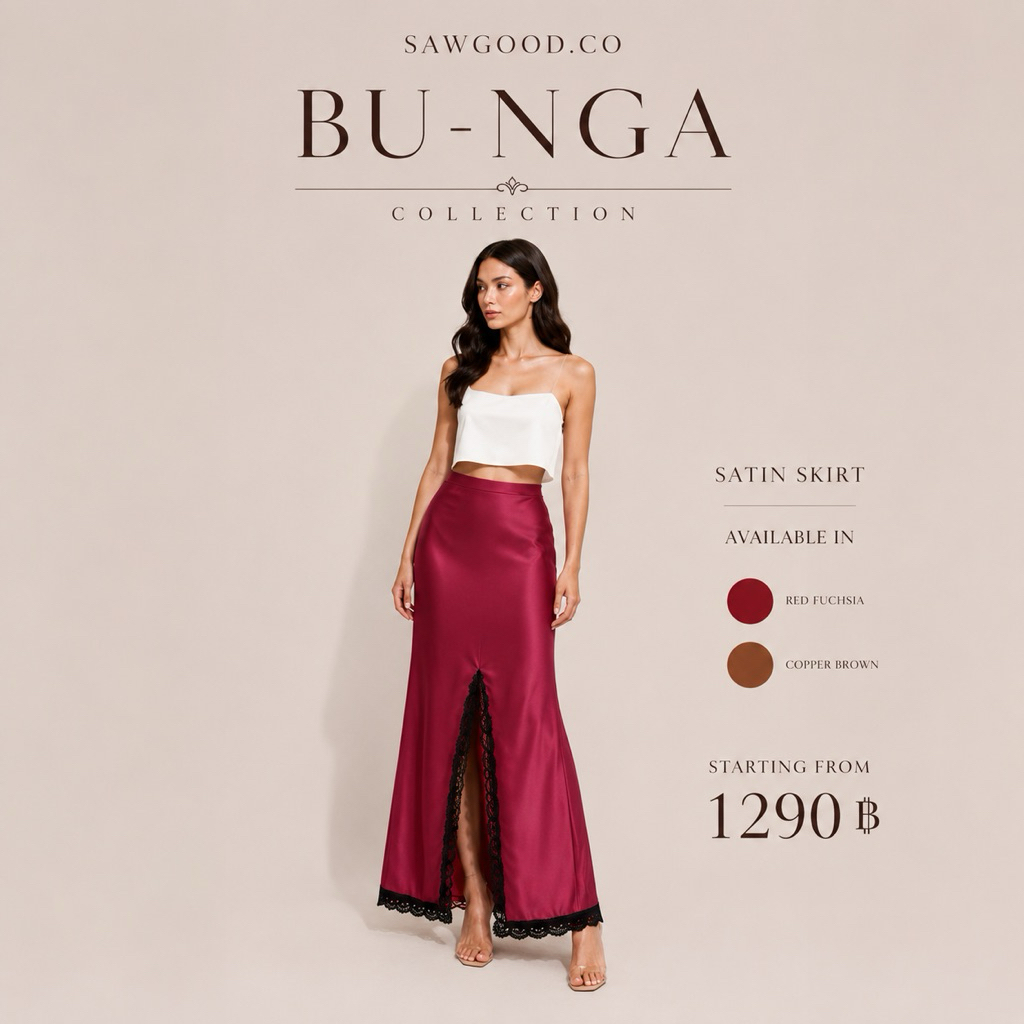 BU-NGA Collection กระโปรงซาตินสุดหรูแหวกหน้าขอบลูกไม้สีดำ