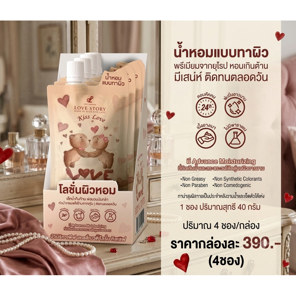 🌸พร้อมส่ง โลชั่นน้ำหอม🌸กลิ่น Kiss Love ปนันชิตาโลชั่นน้ำหอม Pananchita หมีแดง 1 กล่องมี 4 ซอง