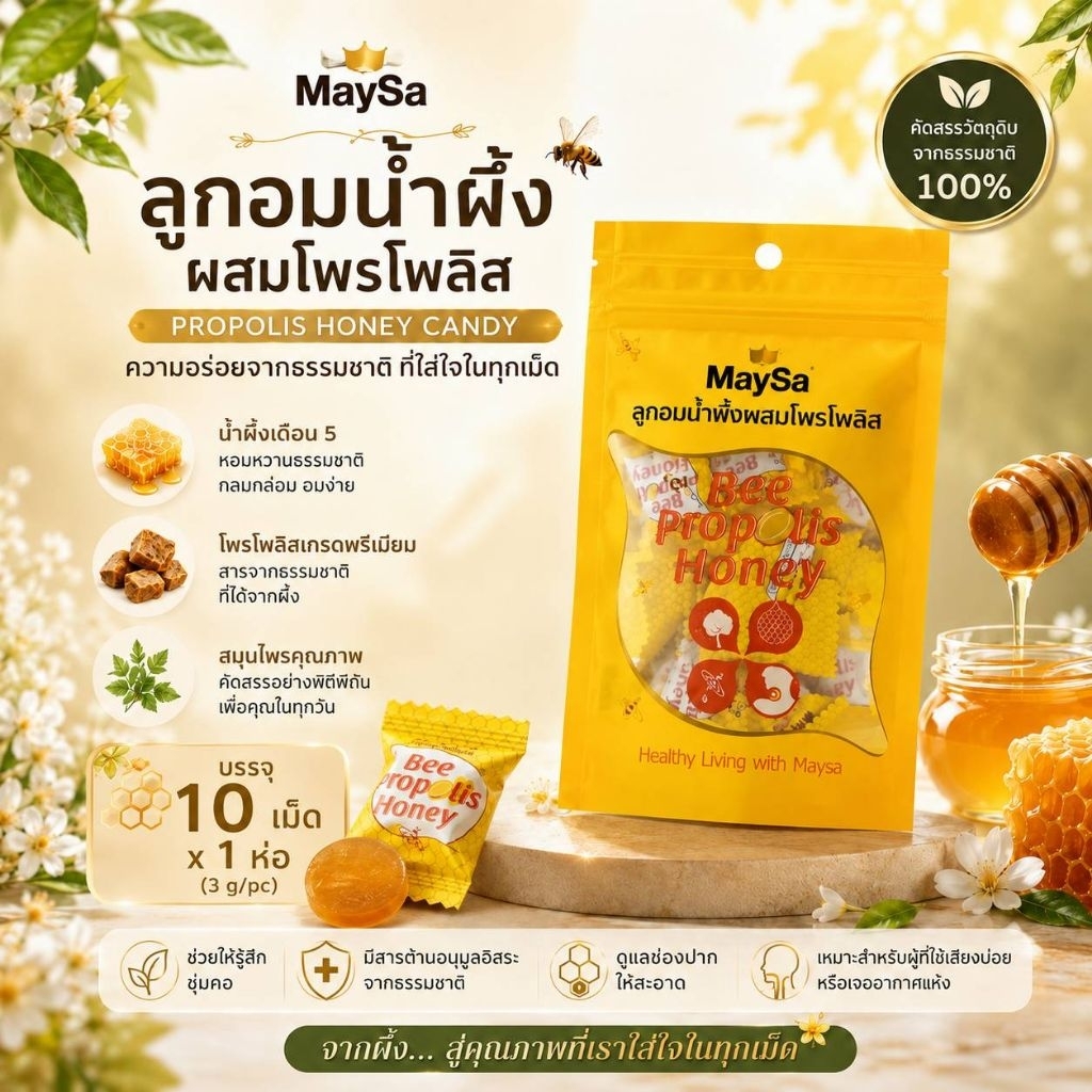 ลูกอมน้ำผึ้งเดือนห้าแท้ 100%โพรโพลิสเกรดนำเข้าจากบราซิล7%พร้อมสมุนไพรธรรมชาติลูกอมน้ำผึ้งโพรโพลิส(Brazil Green Propolis)