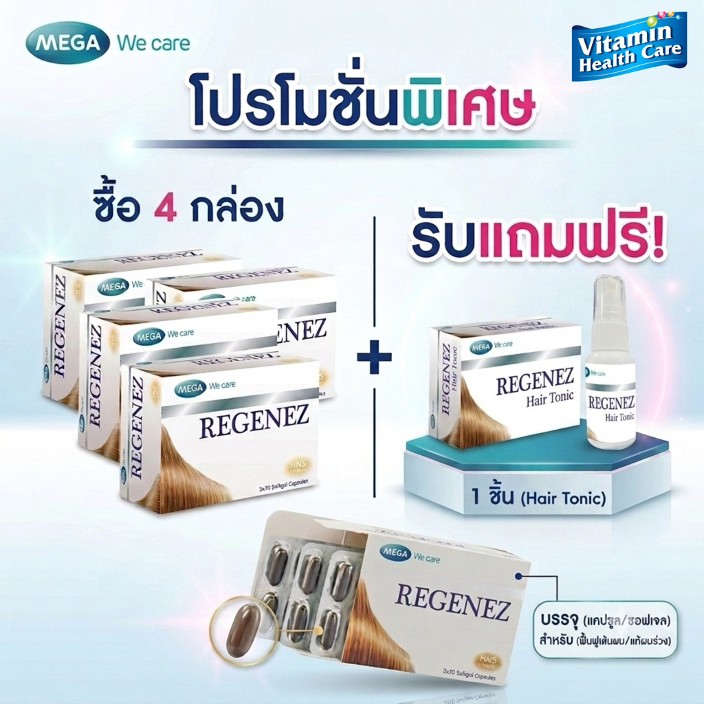 ซื้อ 4 แถม 1 Regenez Capsule ลดการหลุดร่วงของเส้นผม เสริมสร้างผมแข็งแรง