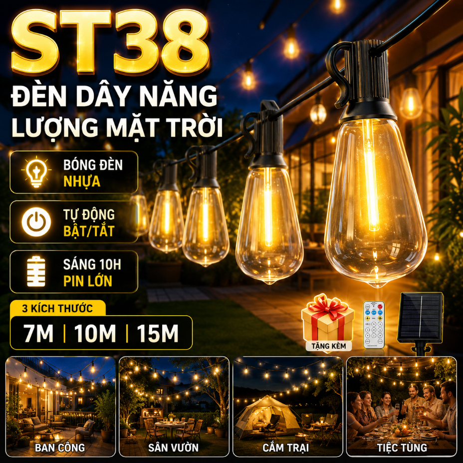 7M/10M/15MST38 ไฟสตริงพลังงานแสงอาทิตย์ คริสต์มาส ไฟพลังงานแสงอาทิตย์ ไฟ LED ตกแต่งสวนกลางแจ้ง ไฟนางฟ้า กันน้ํา