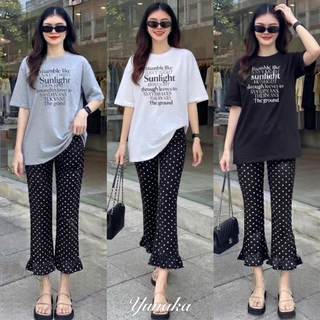 เซทเสื้อยืดคอกลมแขนสั้น ทรง Oversize งานสกรีนกลางอก มาพร้อมกางเกงขายาว6ส่วน ทรงขาม้าเข้ารูป