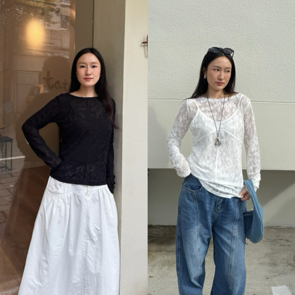 1026 knockknock - LACE LAYER TOP เซ็ทแขนยาว + สายเดี่ยว 2 ชิ้น