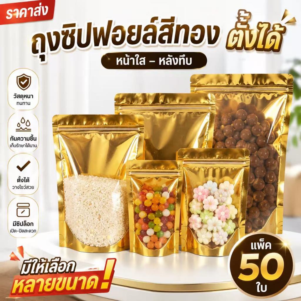 50ใบ ถุงซิปฟอยล์สีทองตั้งได้ ถุงซิปหน้าใสหลังทองตั้งได้ ถุงซิปฟอยล์ใส่อาหาร ถุงอาหารแมว ถุงชิปตั้งได้ ถุงฟอยล์ทอง