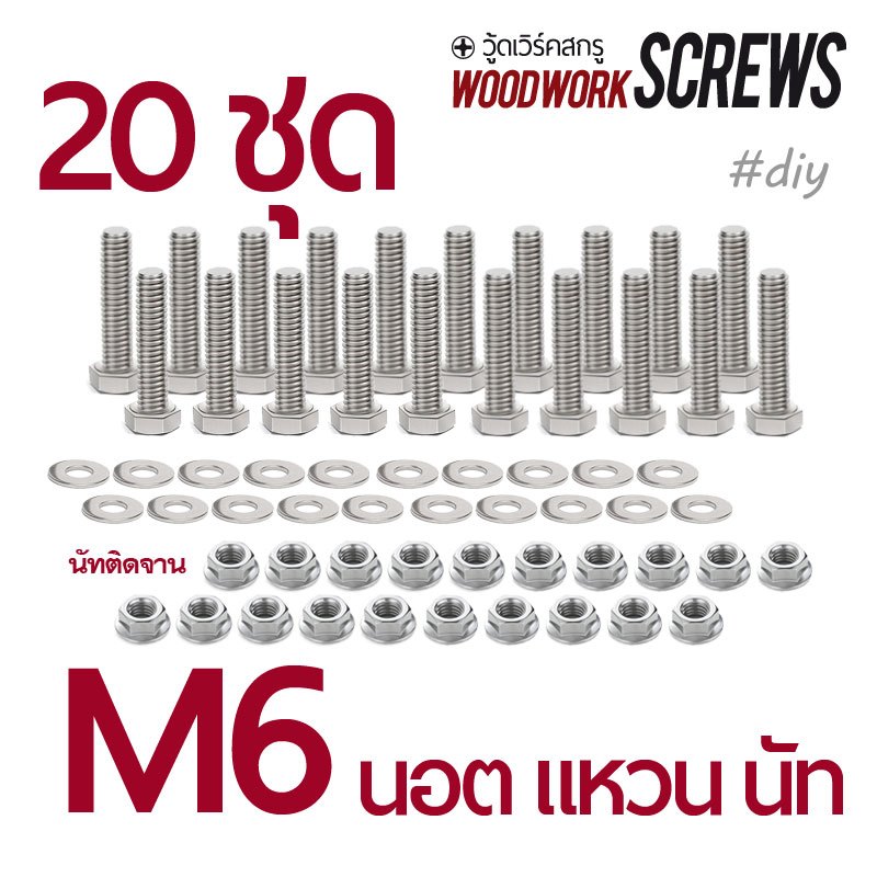 20ชุด น็อตชุบขาว M6 +แหวน +นัทตัวเมีย (ประแจเบอร์10) DIY set โบ้ลพร้อมน็อตตัวเมียและแหวนอีแปะ ครบชุดพร้อมใช้งาน