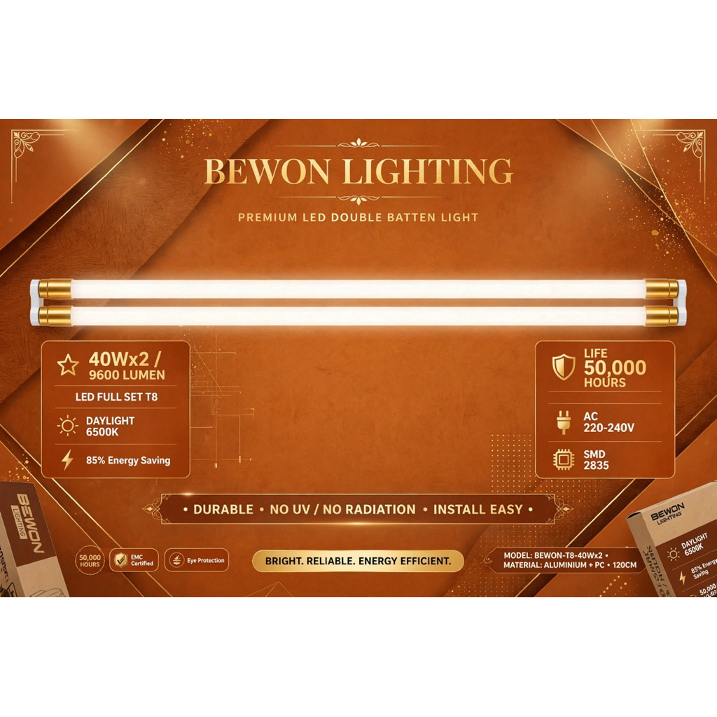 BEWON LIGHTING - โคมรางนีออนคู่ LED Full Set T8 40Wx2 9600 LUMEN สว่าง x2 คุ้ม x2 จบในชุดเดียว พร้อมติดตั้งทัน