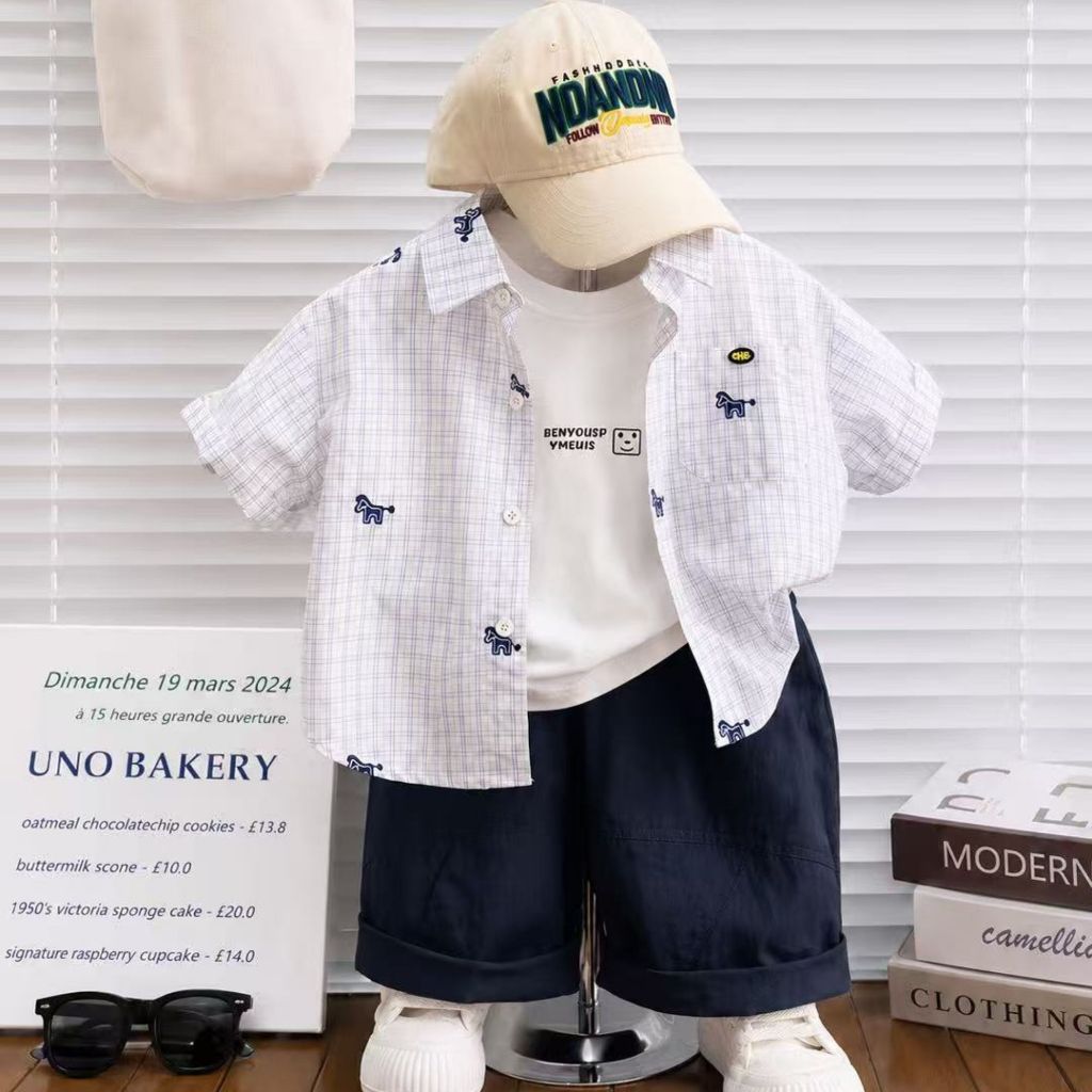 ชุดเซทเด็กผู้ชาย 3 ชิ้น ผ้าCotton เสื้อกล้ามด้านใน+ เสื้อเชิ้ตลายตาราง + กางเกงขาสั้น สไตล์เกาหลี