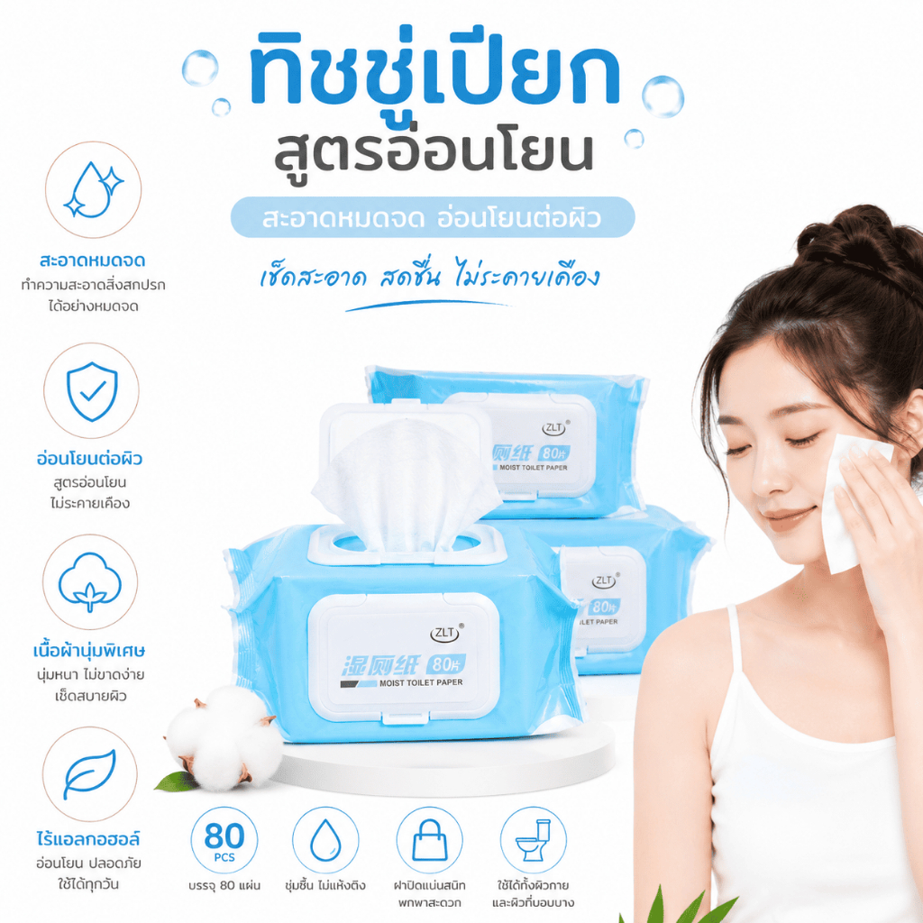 SZJ-02 【1 ห่อมี 80 แผ่น 】 กระดาษทิชชู่ ผ้าเช็ดทำความสะอาด ทิชชู่เปียก สูตรอ่อนโยน เช็ดสะอาด ไม่มีน้ำหอม สีขาว