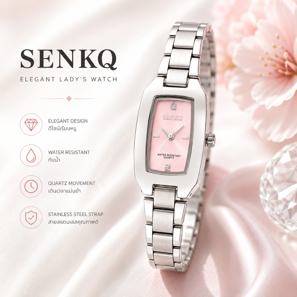 SENKQ นาฬิกาข้อมือผู้หญิง สแตนเลส กันน้ำ Quartz ดีไซน์หรู ใส่ได้ทุกวัน