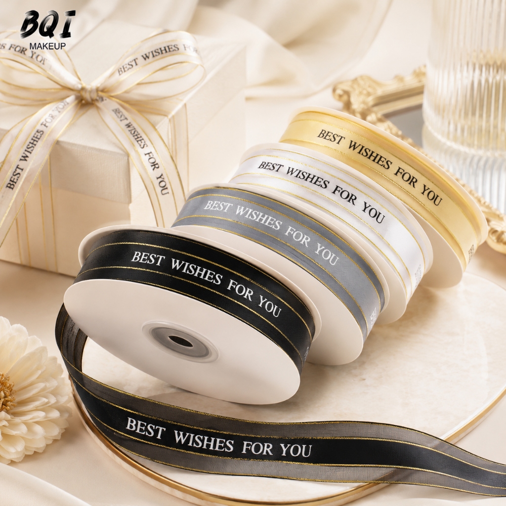 ริบบิ้นผ้าโปร่งขอบทอง 2.5 ซม. 45 หลา ริบบิ้นห่อของขวัญ ตกแต่งช่อดอกไม้ DIY