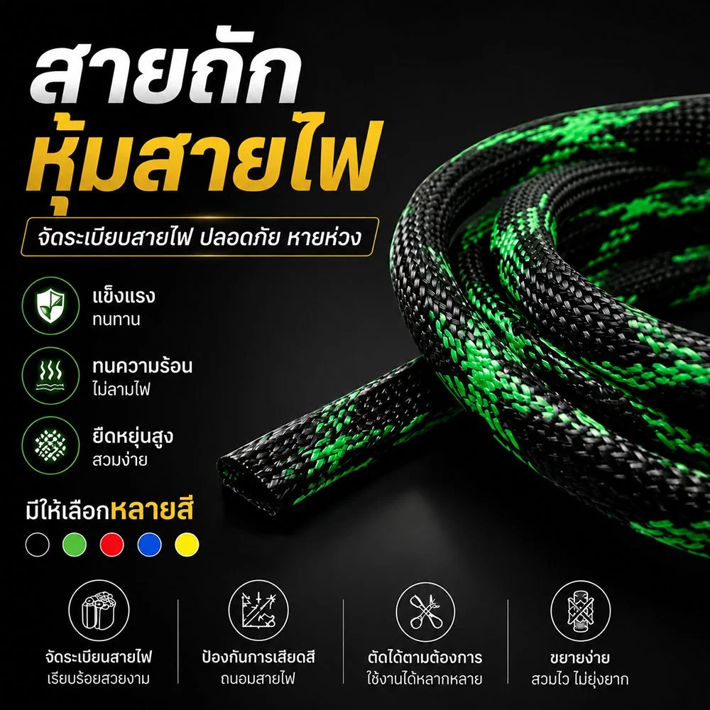 สายถักหุ้มสายไฟ แบบสี เกรดไม่ลามไฟ ผลิตจาก PET อย่างดี ขนาด 4-40มิลลิเมตร ยาว1เมตร