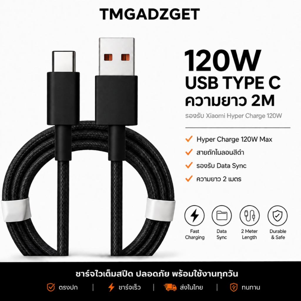 ใหม่ล่าสุด!! สายชาร์จถัก รองรับ Xiaomi 6A USB Type C Fast Charge Data Cable Data Syns ความยาว 2 เมตร