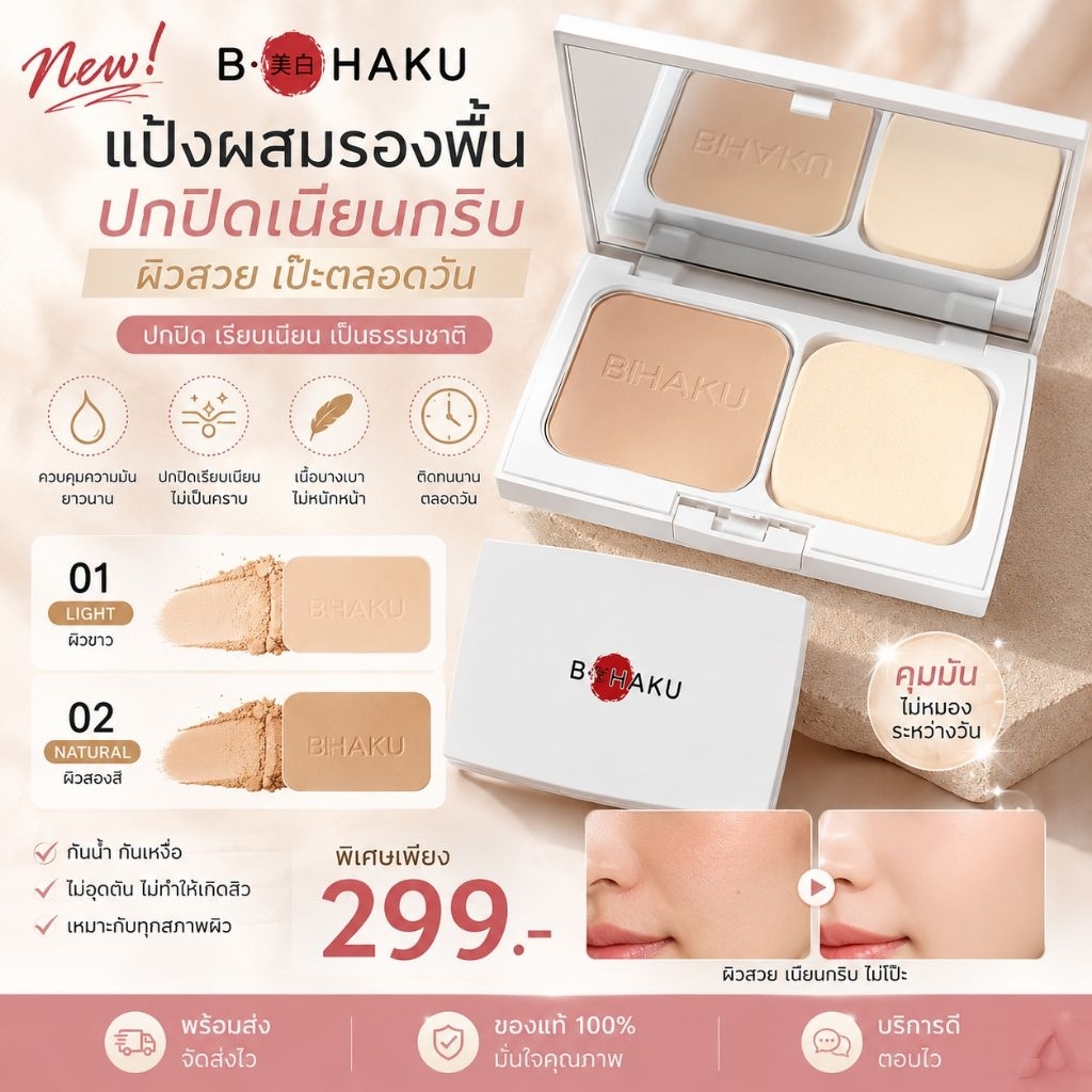 แป้งผสมรองพื้น BIHAKU(แป้งออเจ้า) เนียนกริบ งานผิวสวย พร้อม 2 เฉดสี 🤍✨