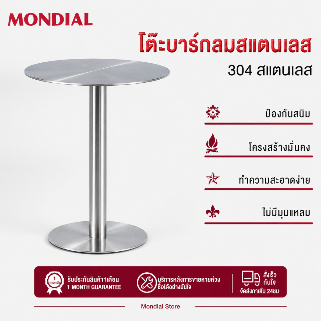 Mondial ชุดโต๊ะบาร์ เก้าอี้สูงสแตนเลส สไตล์อินดัสเทรียล ทนทาน กันสนิม ขนาด 40/60 ซม. สำหรับคาเฟ่ ร้านอาหาร บ้าน