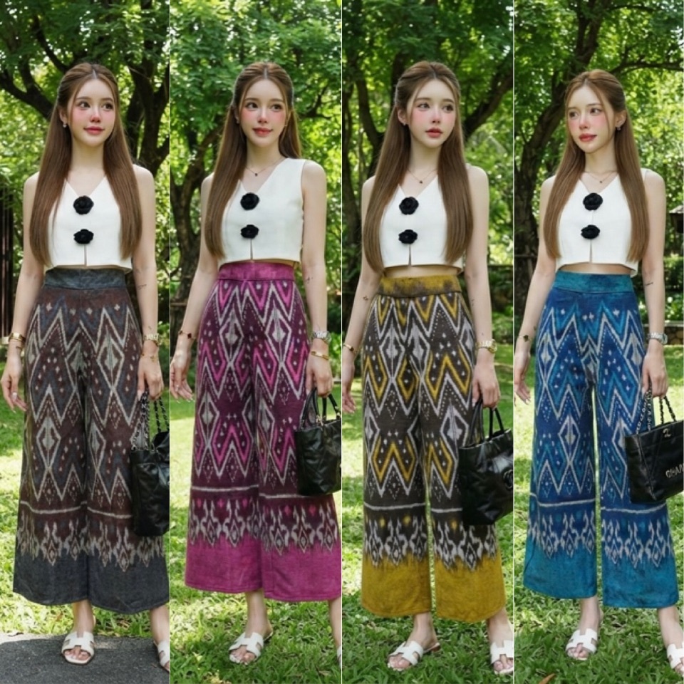 HOMJAI - กางเกงขาบานผ้าฝ้ายลายไทย (ไซร้ M L XL)
