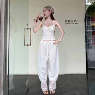 💰Mahahengcloset💰กางเกงขาจั๊ม ชายระบายลูกไม้ ผ้าครัช เอวสม็อค ยืดได้ ทรงสวย ใส่สบาย สาวอวบใส่ได้