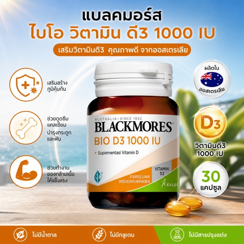 {EXP:2028} Blackmores Bio D3 1000 IU 30 แคปซูล วิตามินดี3 ช่วยดูดซึมแคลเซียม เสริมกระดูกและฟันแข็งแรง ของแท้