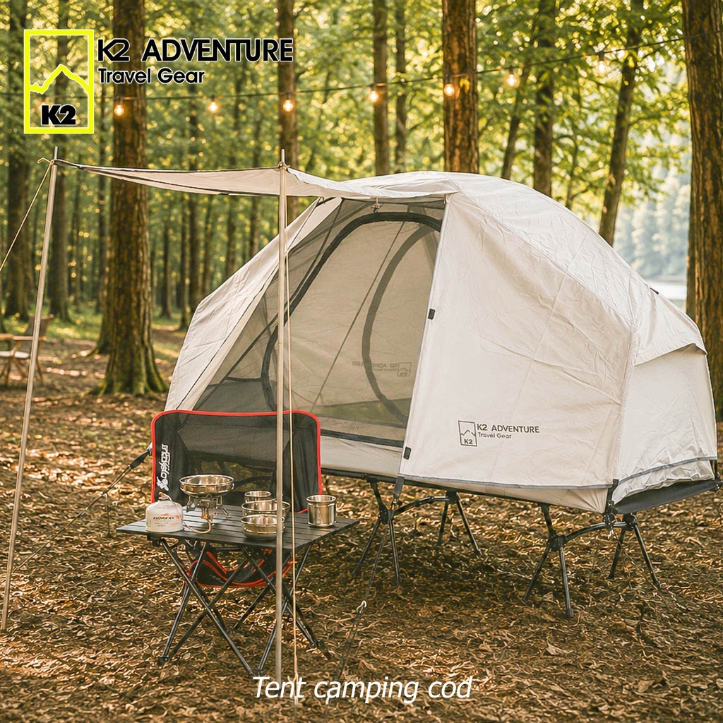 เต็นท์ COT สีขาว 1 คน และเตียงสนาม  K2 ADVENTURE น้ำหนักเบา กันฝนกันลม ใส่ปี๊บข้างปี๊บหลังได้ ฯลฯ