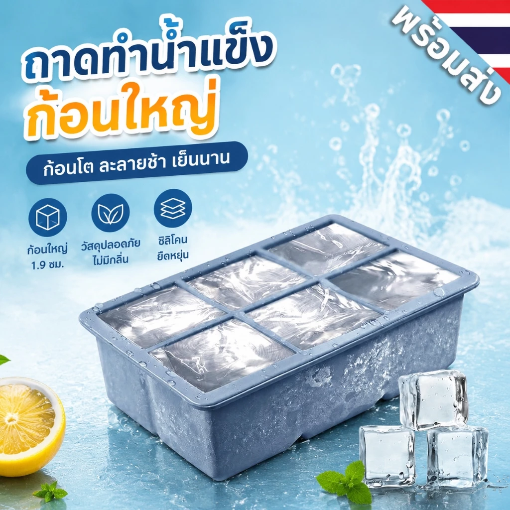 4/6/8ช่อง ถาดแม่พิมพ์น้ําแข็ง ขนาดใหญ่ เกรดอาหาร ซิลิโคน ก้อนน้ําแข็ง สี่เหลี่ยม แม่พิมพ์ DIY เครื่องทําน้ําแข็ง อุปกรณ์