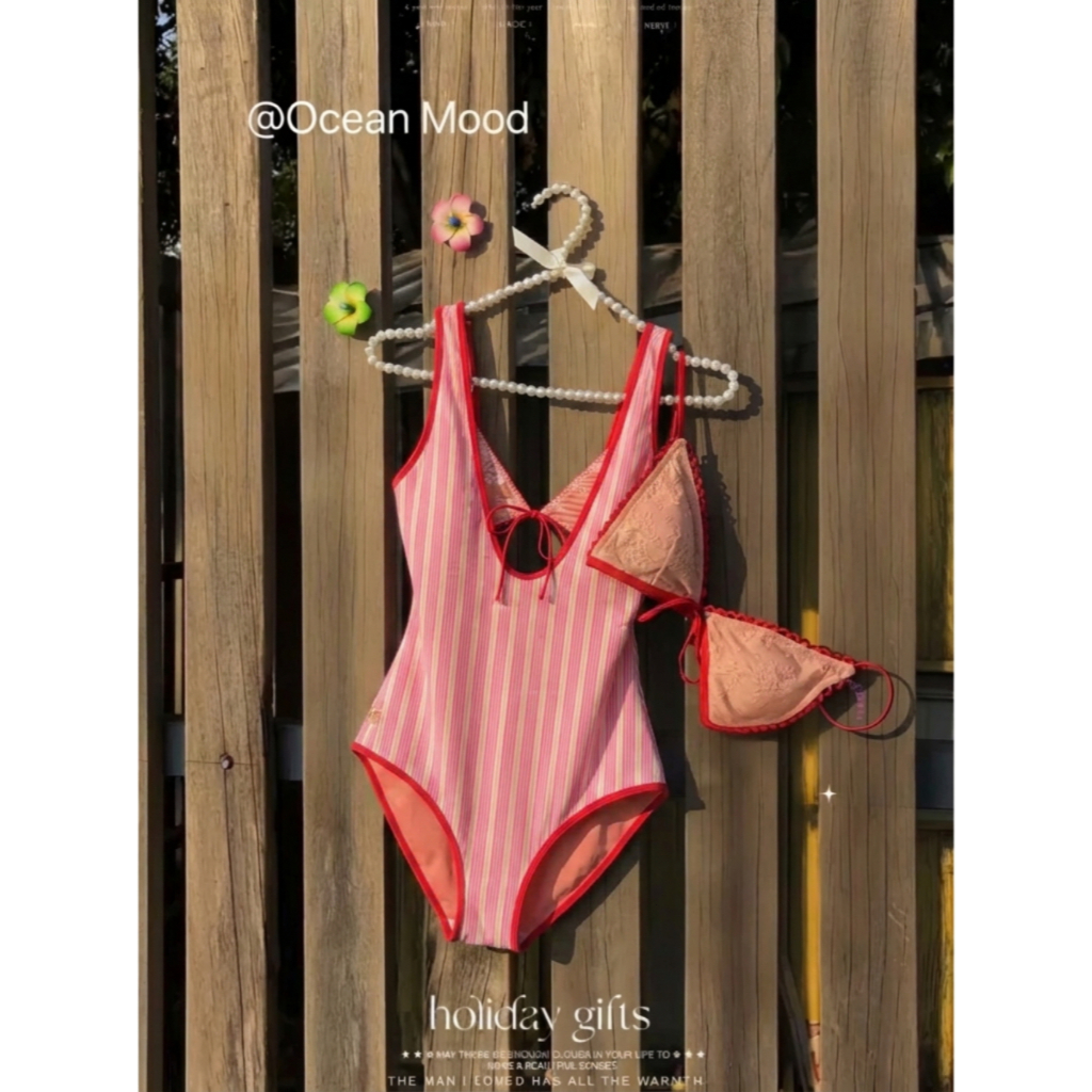 Ocean Mood | ชุดว่ายน้ำวันพีช 2 ชิ้น สีชมพูลายทาง แต่งลูกไม้ สไตล์วินเทจ Vintage Pink Striped Swimwear