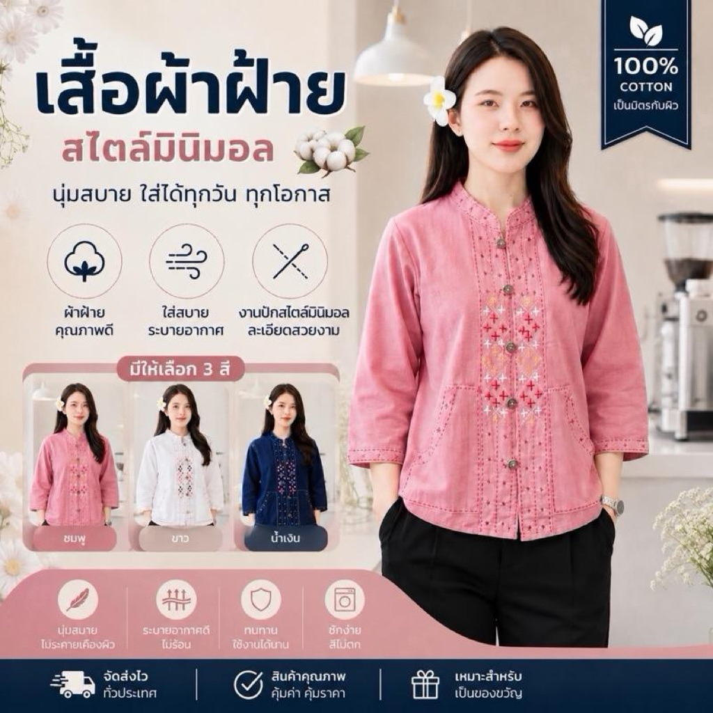 เสื้อพื้นเมืองแขนยาว ผู้หญิง คอจีน แต่งกระดุมไม้ งานปักมือ ลายดอกแก้ว