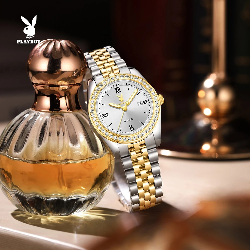 PLAYBOY นาฬิกา ผู้หญิง watch 100% ของแท้ ควอตซ์ สายสเตนเลส ฝังเพชร หน้าปัดนาฬิกา ทอง 3908
