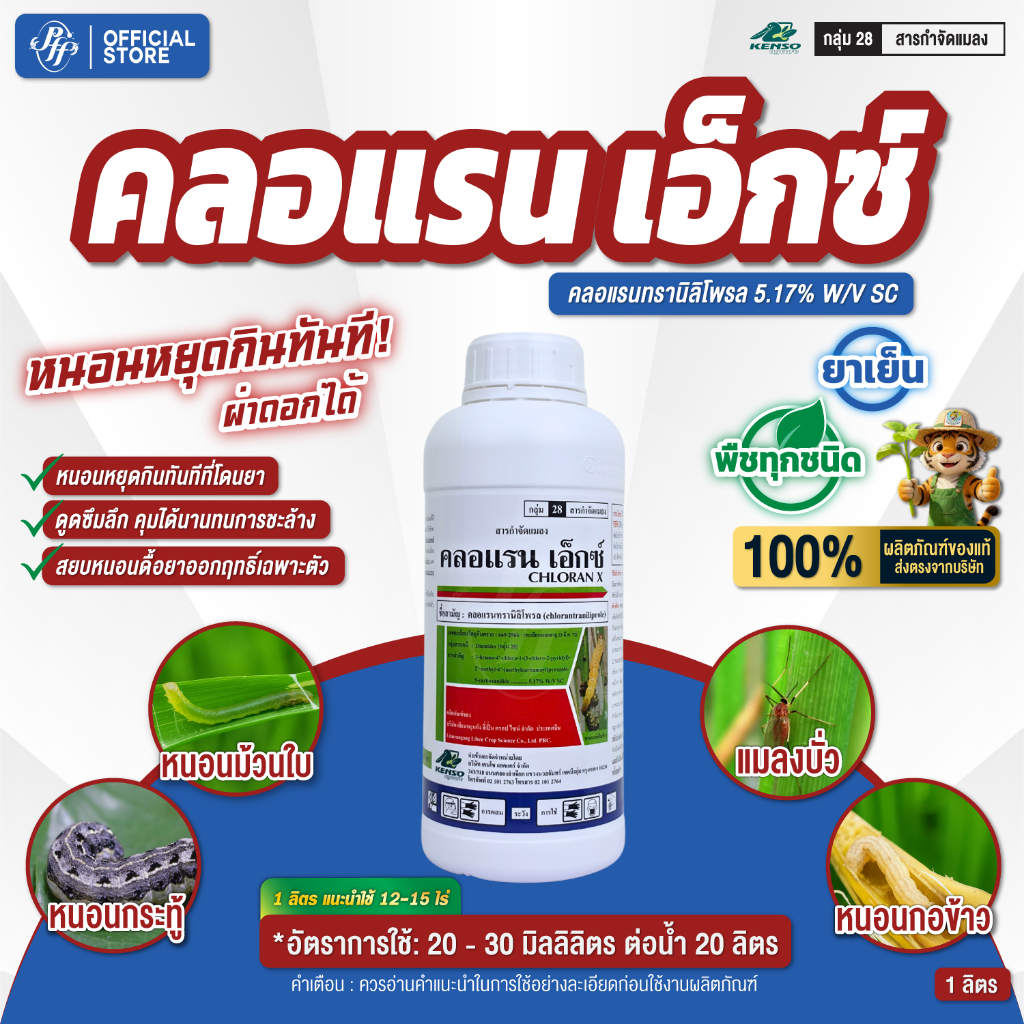คลอแรน เอ็กซ์ คลอแรนทรานิลิโพรล 5.17%SC เคนโซ่ ล้อตใหม่ 1 ลิตร หนอนกอ หนอนห่อใบ ยาเย็น สูตรดูดซึมลึก หนอนหยุดกินทันที