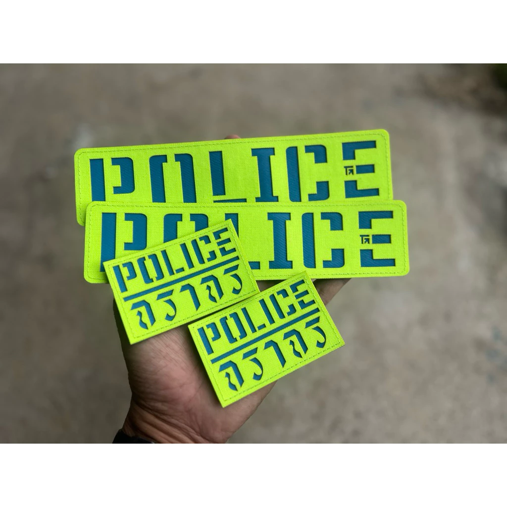 อาร์มสะท้อนแสง ⚡️ Police ผ้าเขียวกันน้ำ 1500D อักษรสีฟ้า