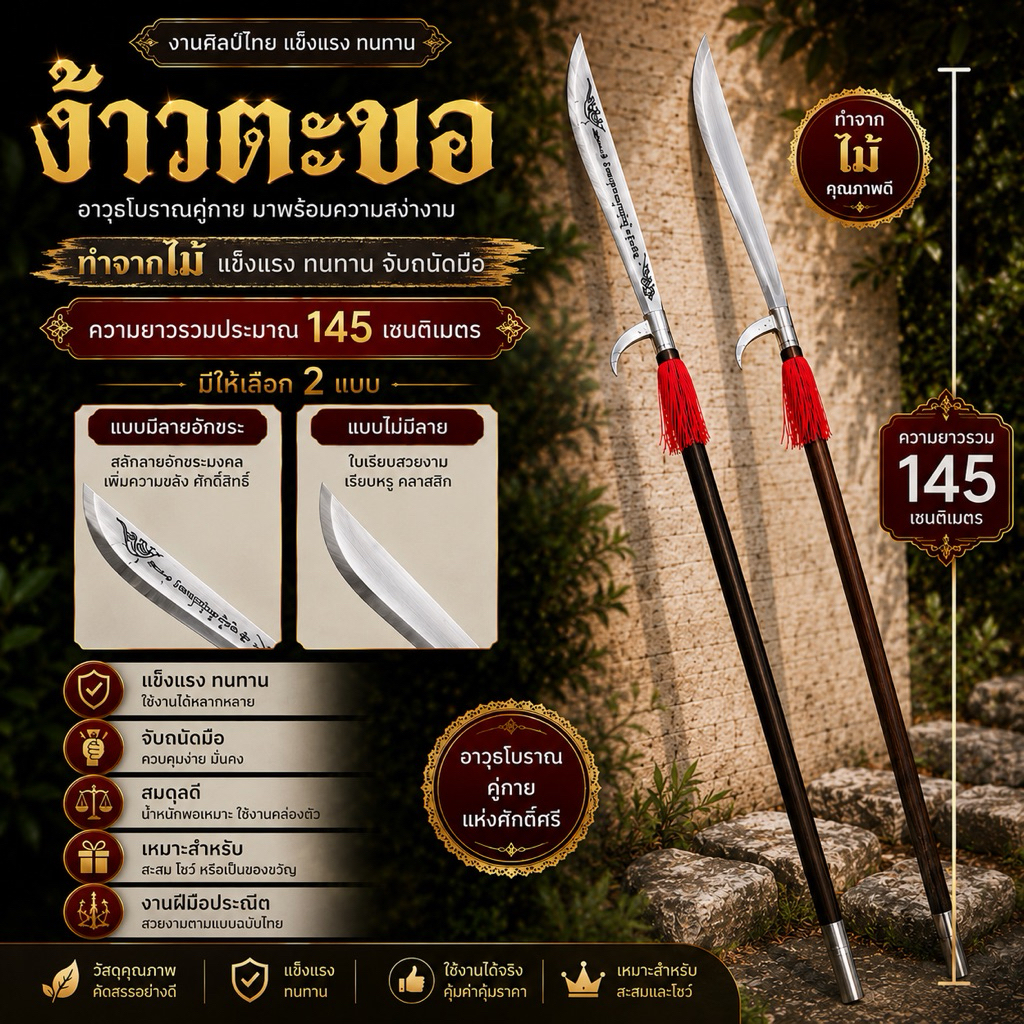 ง้าวตะขอ ทำจากไม้เคลือบสี ยาวประมาณ 145ซม.