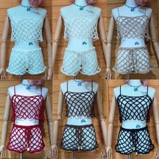 เสื้อสายเดี่ยวตาข่ายถักโครเชต์ (จัดส่งภายใน2วัน) crochet mesh top 100% handmade