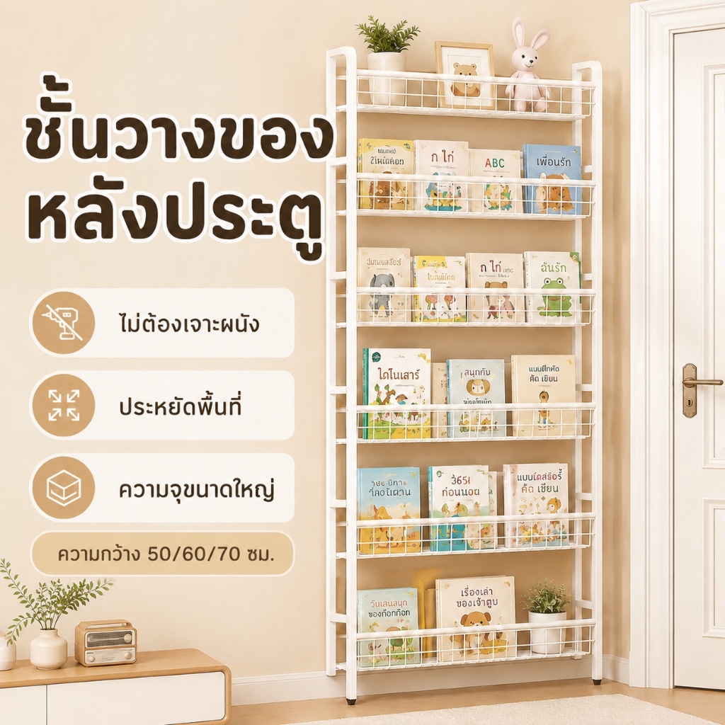 🔥 ชั้นวางของหลังประตู 6 ชั้น  52/62/72 ซม โครงเหล็กกันสนิม ติดตั้งไม่ต้องเจาะ ใช้ได้หลายที่