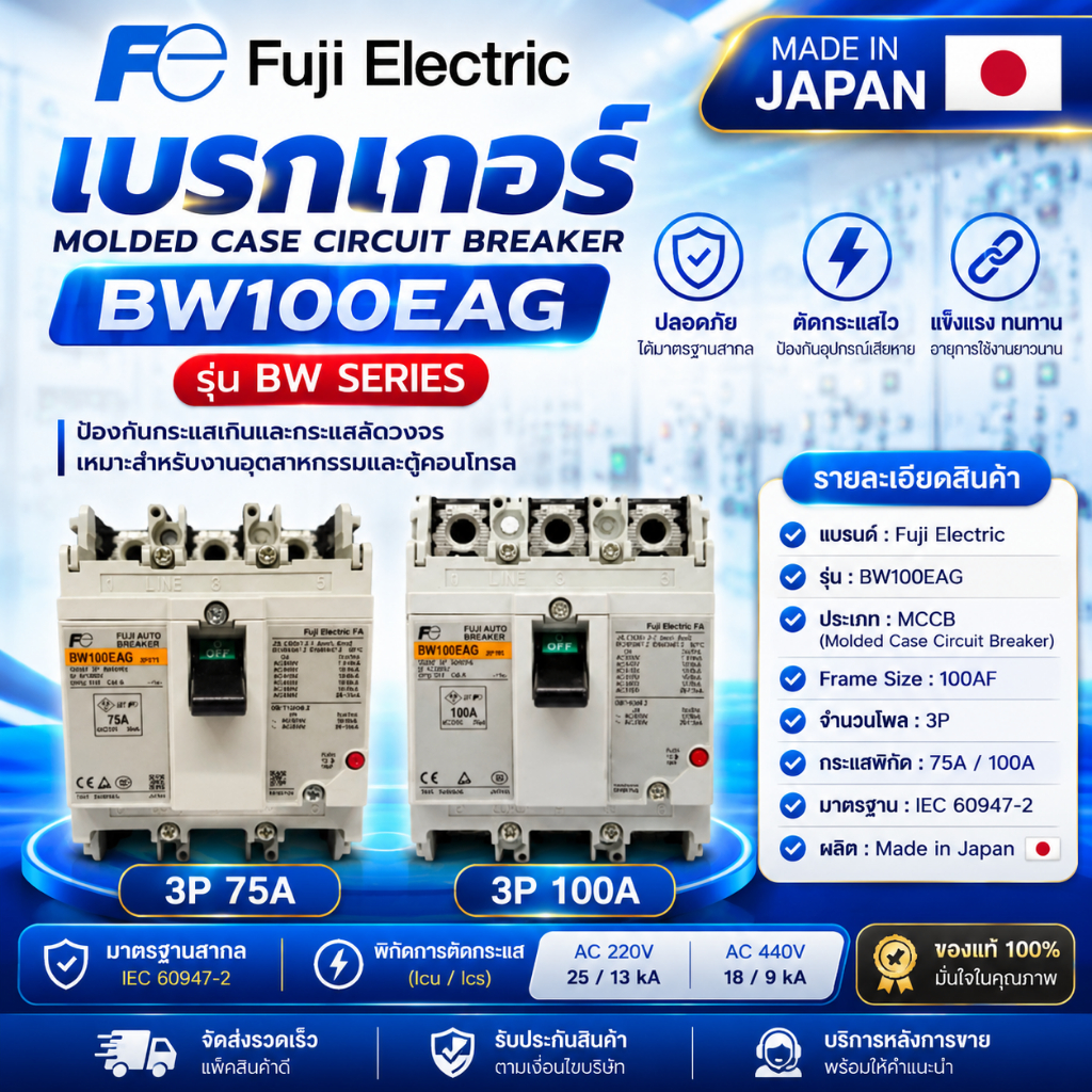 Fuji Electric เบรกเกอร์ MCCB รุ่น BW100EAG 100AF 3P 75A / 3P 100A Made in Japan ของแท้