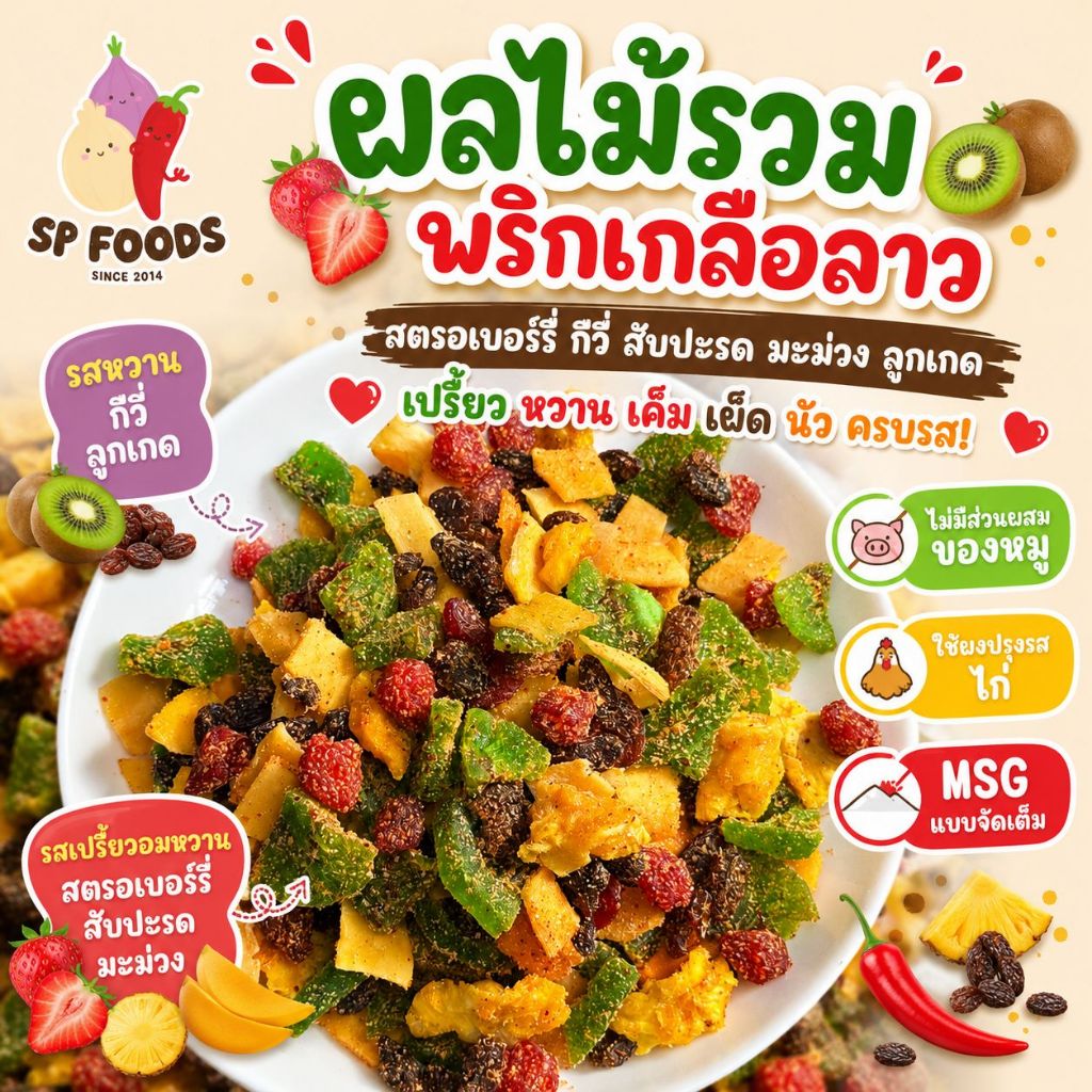 ผลไม้รวมอบแห้ง กีวี่ สับปะรด สตรอเบอรี่ ลูกเกดดำ มะม่วง berry mixผลไม้หลากชนิด By SP FOODS