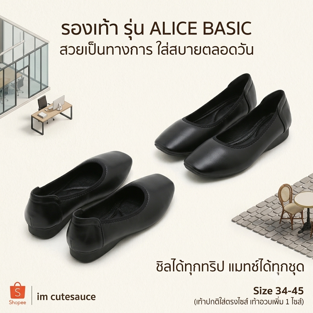 รองเท้าคัทชู รุ่น Alice (Basic) Size 34-45 สูง 2 cm นุ่ม พื้นนิ่ม ใส่สบาย (มี 2 ตระกร้า) (คัชชู) คู่เดียวจบ พร้อมส่ง
